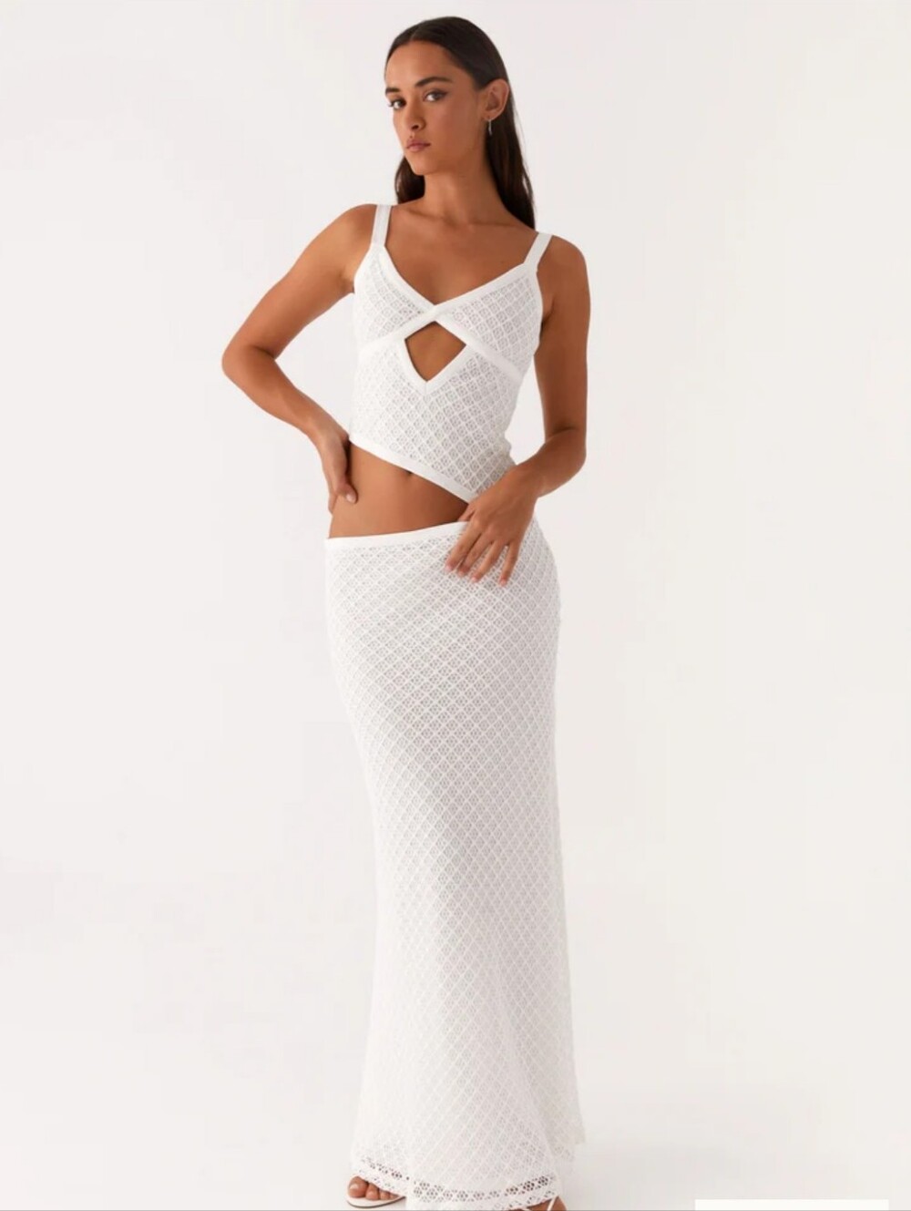 Peppermayo White Crochet Maxi Dress Set